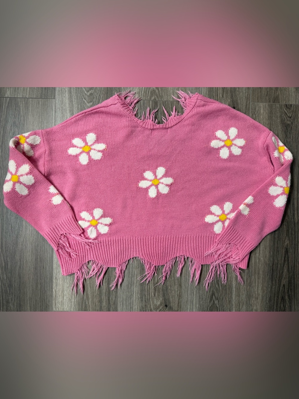 Just Polly Pink Daisy Distressed Fringe Crop Sweater M Y2K Floral Knit Grunge - Picture 8 of 13